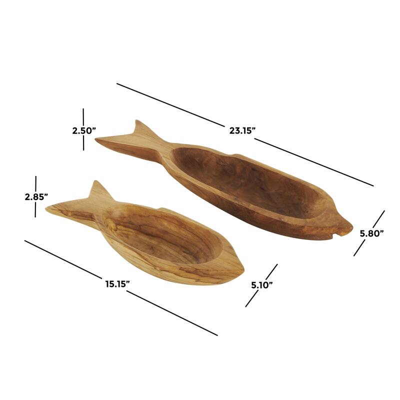 Teak Wood Fish Handmade Carved Living Room Decor Tray - Set of 2 Brown - Roche River Decor