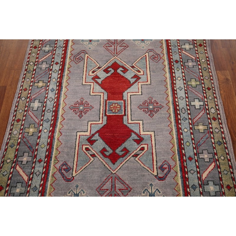 Grey Traditional Kazak Oriental Accent Rug Handmade Wool Carpet - 3'3" x 4'10"