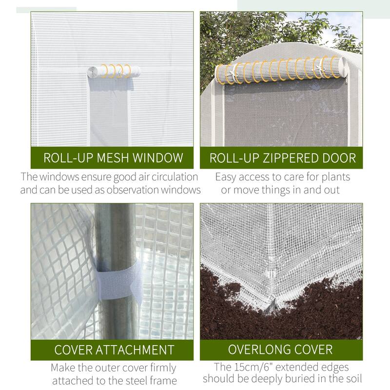 Outsunny 15' x 7' x 7' Walk-In Tunnel Greenhouse, Large Garden Hot House Kit with 6 Roll-up Windows & Roll Up Door - White