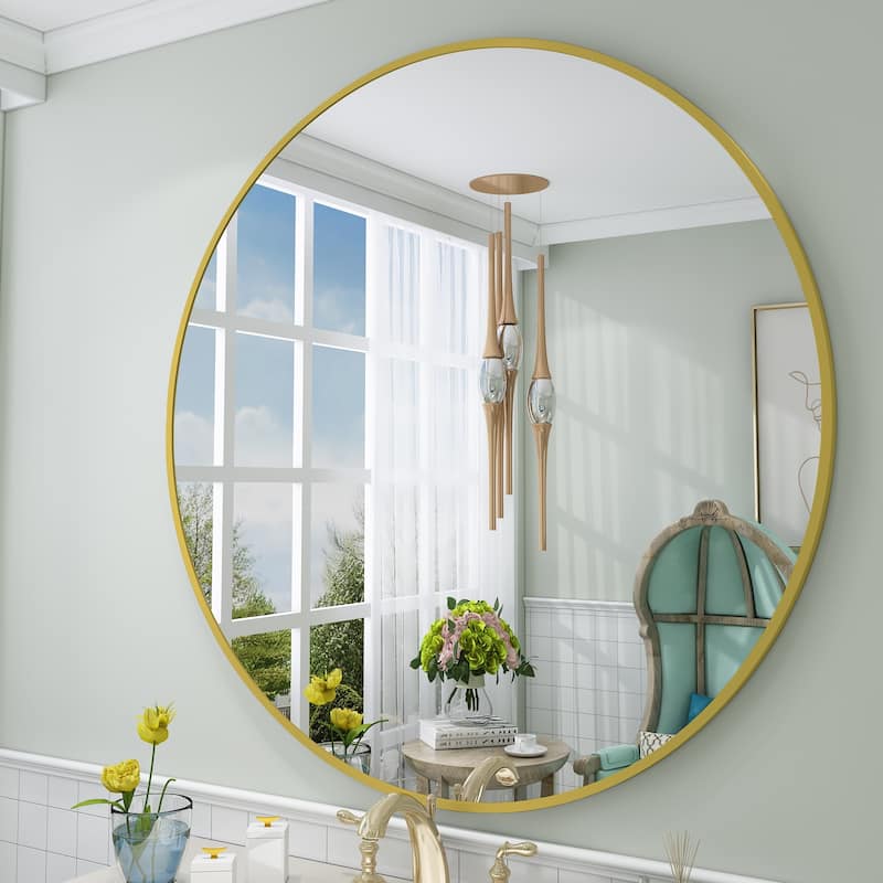KIOTEE Full Length Round Aluminum Alloy Framed French Cleat Mounted Wall Decor Bathroom Vanity Mirror with 5-Year Warranty - 40x40 - Gold