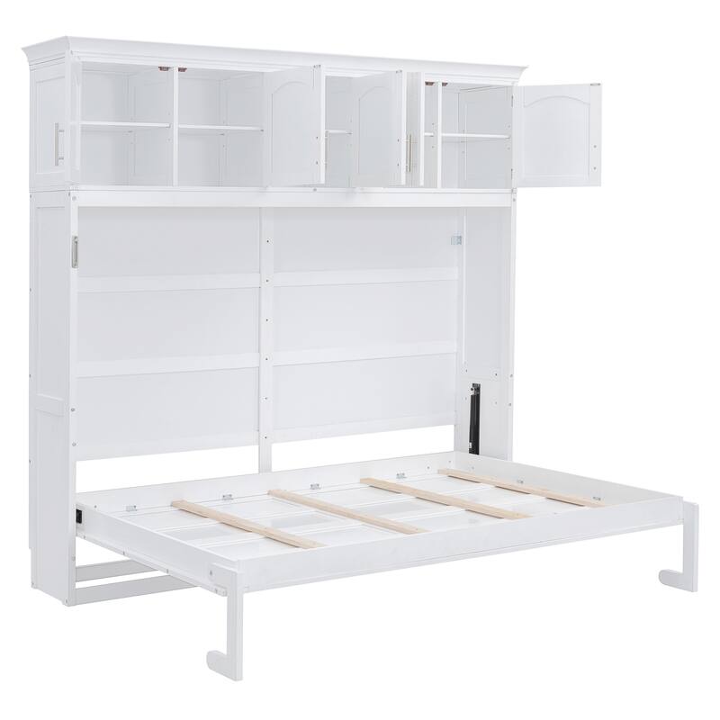 White Queen Size Wall Bed with Top Cabinets - Space Saving Foldable Murphy Bed for Guest Room