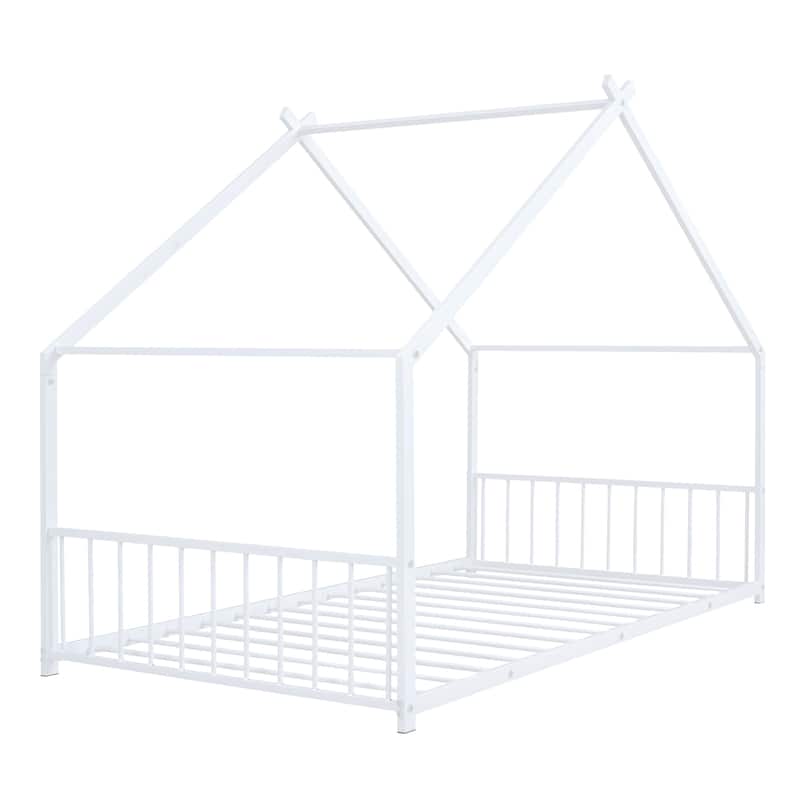 Metal House Bed with Roof, Fence, and Back