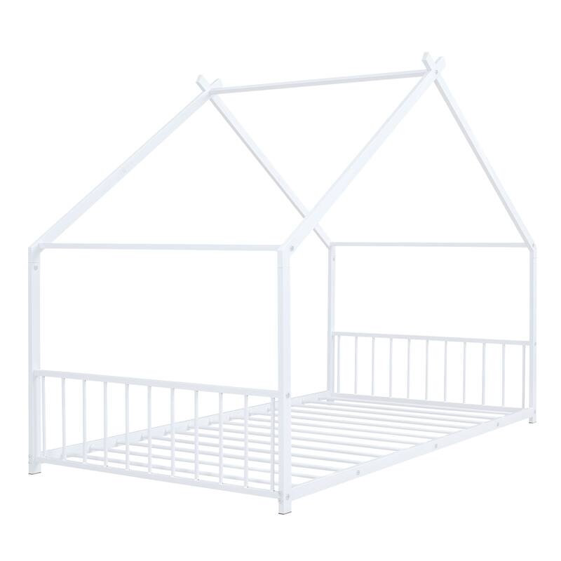 Twin Size Metal House Bed with Roof for Kids, Sturdy Frame, No Box Spring Needed