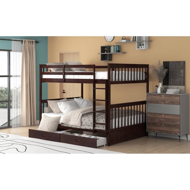 Space-Saving Full-Over-Full Bunk Bed with 2 Drawers, Pine Wood Frame, No Box Spring Needed