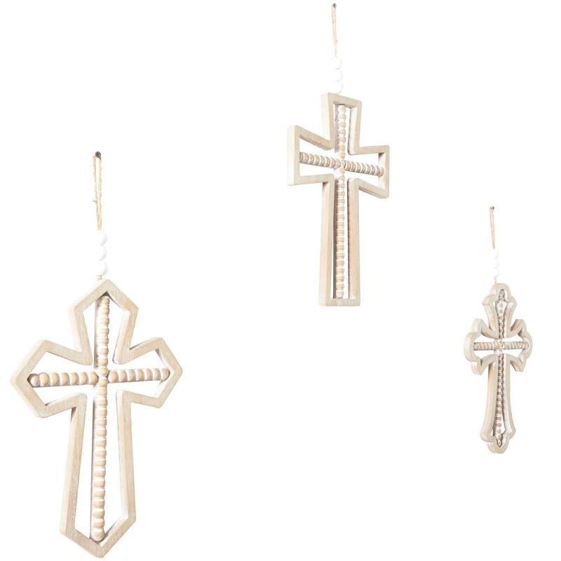 Light Brown Wood Carved Beaded Crosses Cross Home Wall Decor with Rope Hanger (Set of 3)