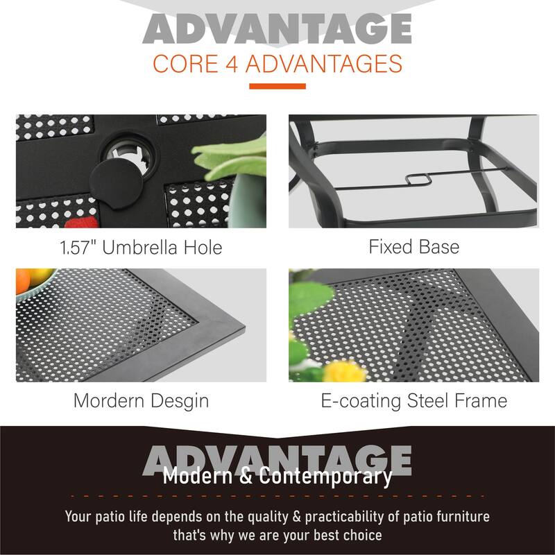 Outdoor E-coating Metal Steel Square Dining Table with 1.57'' Umbrella Hole - 37X37''