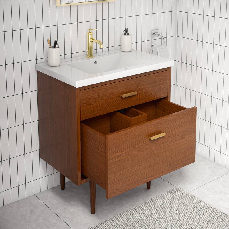 Brandy Integrated Ceramic Sink Top Vanity in Honey Walnut with Satin Gold Single Faucet