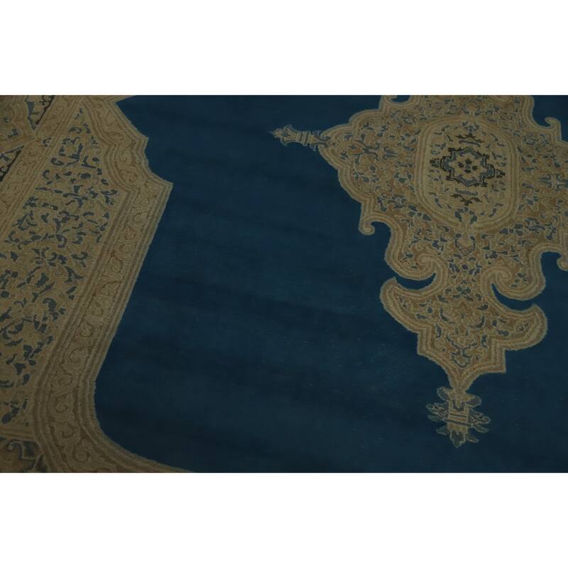 Hand Knotted Oriental 100% Wool Carpet Traditional Medallion Navy Blue & Blues Kerman Area Rug - 12' 3'' X 9' 7''