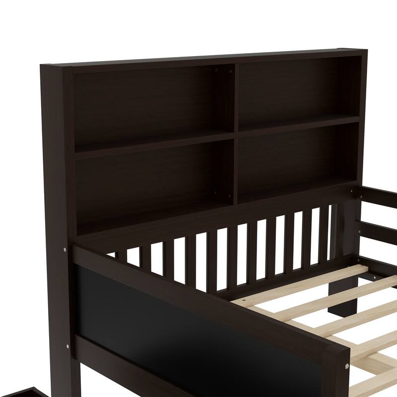 Childlike Fun Solid Wood Low-profile Platform Bed Storage Bed Frame with Side Chalkboard, Open Shelves, Drawers and Guardrails