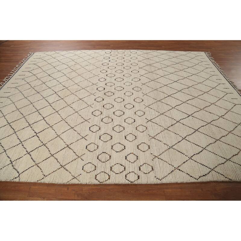 Ivory Trellis Moroccan Rug Hand-Knotted Striped Wool Carpet - 8'1"x 10'4"