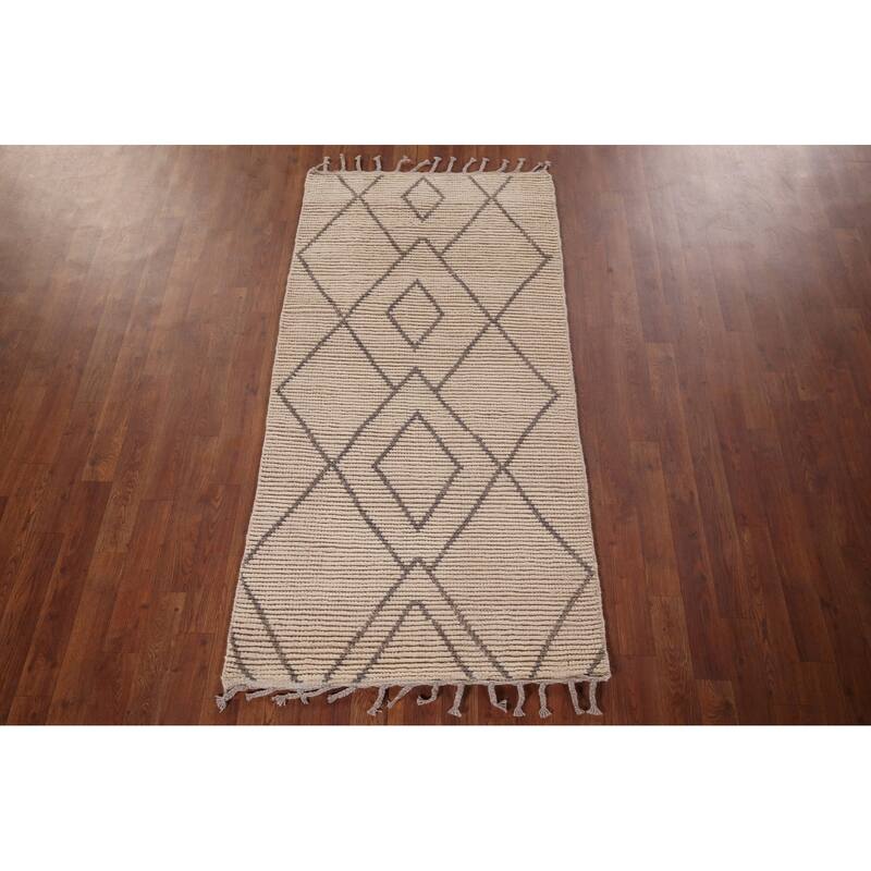 Striped Ivory Moroccan Oriental Accent Rug Handmade Wool Carpet - 2'10"x 5'9"