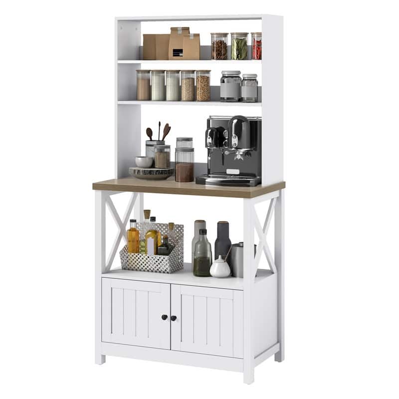 Baker's Rack Coffee Bar Cabinet Microwave Stand Rustic With Power Outlet