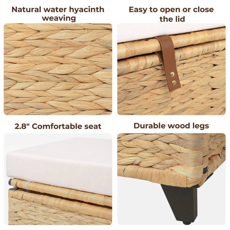 Wicker Storage Bench with Cushion for Bedroom, Living Room, Porch - 18.5'' H X 43.3'' W X 18.5'' D