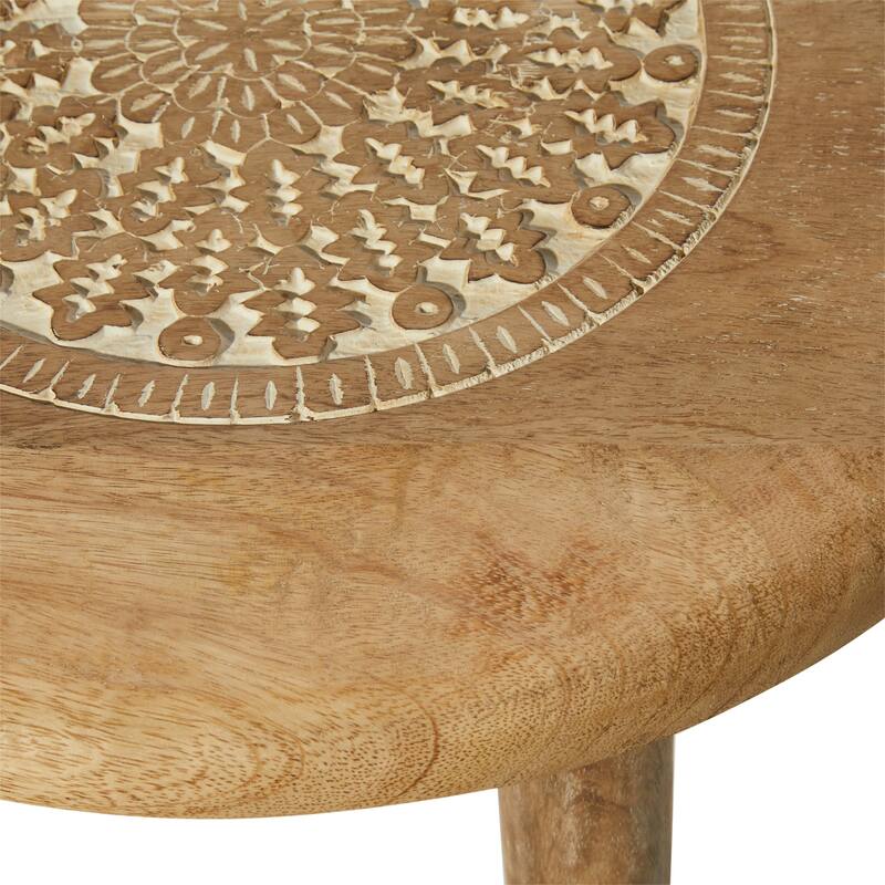 Mango Wood Handmade Intricately Carved Floral Accent Table with Tripod Legs - Dark Brown, White, Brown
