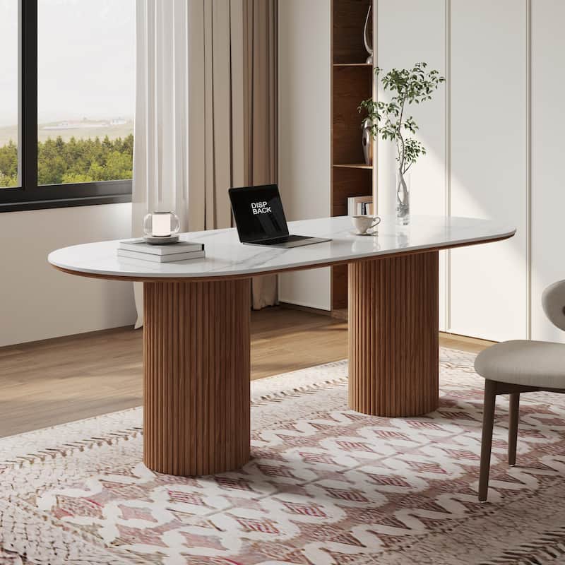 71" Modern Oval Writing Desk,Glossy White Office Table,with Double Solid Wood Legs, 3 Colors Optional