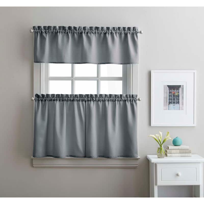 Curtainworks Solid Twill 3-Piece Kitchen Curtain Tier Set - 36 in. - 3 Pc Set - GREY