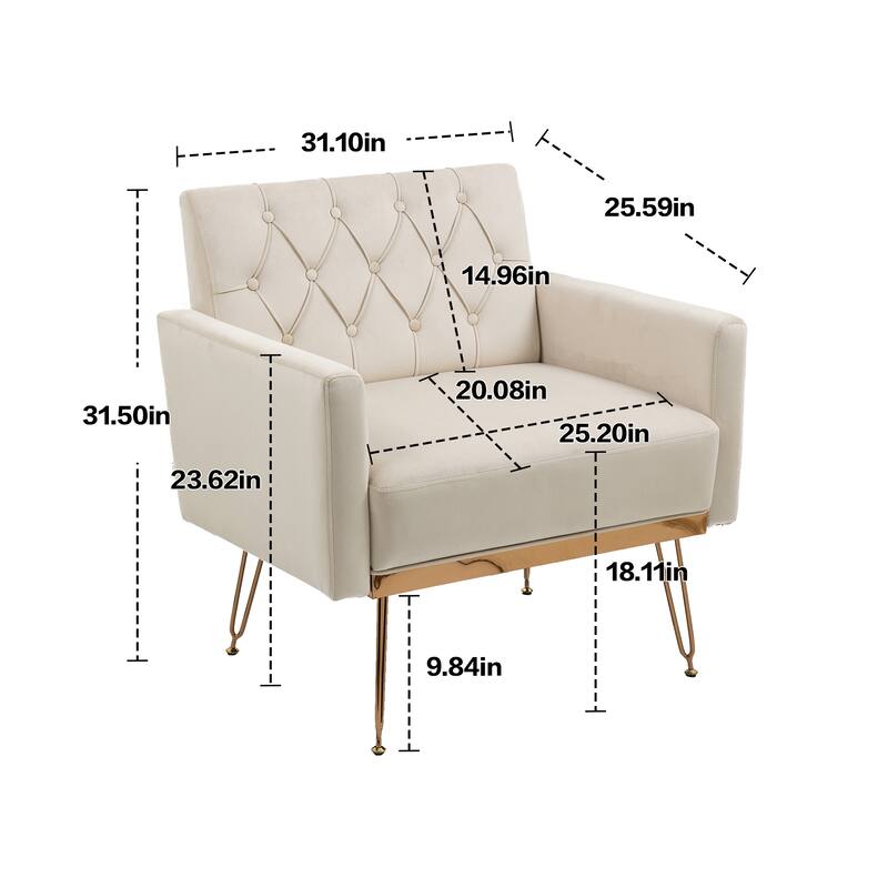 Velvet Upholstered Armchair Single Sofa Modern Tufted Reading Chairs Gold Metal Leg Wingback Chairs for Living Room Bedroom