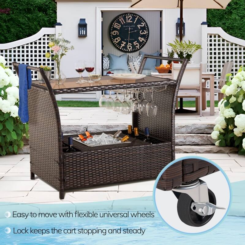 Outdoor Wicker Bar Patio Rattan Counter Table with 2 Steel Shelves