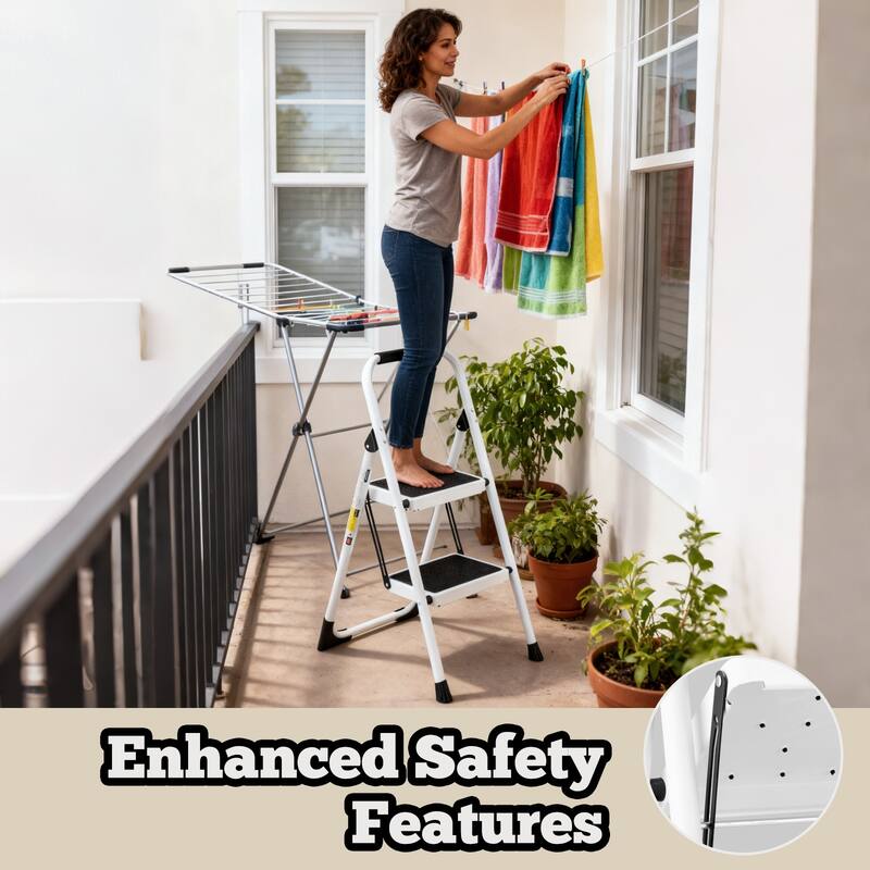 Anmytek 2 Step Folding Ladder Stool Anti Slip Wide Pedal Handrails 330 LBS White Home Use
