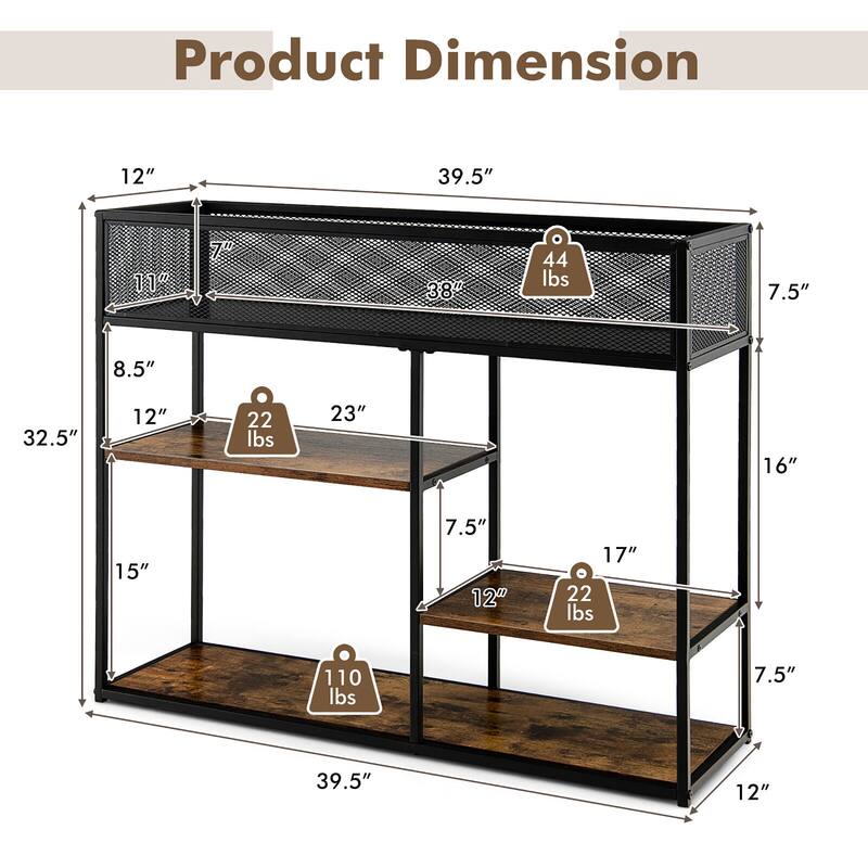 Gymax 4-Tier Console Table w/ Wire Basket Narrow Sofa Table w/ shelf