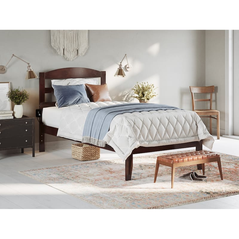 Warren Solid Wood Platform Bed with Attachable USB Charger - Walnut - Twin