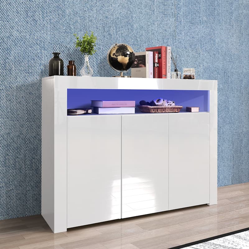 Living Room Sideboard Storage Cabinet Black High Gloss with LED Light, Modern Kitchen Unit Cupboard Buffet Wooden Storage