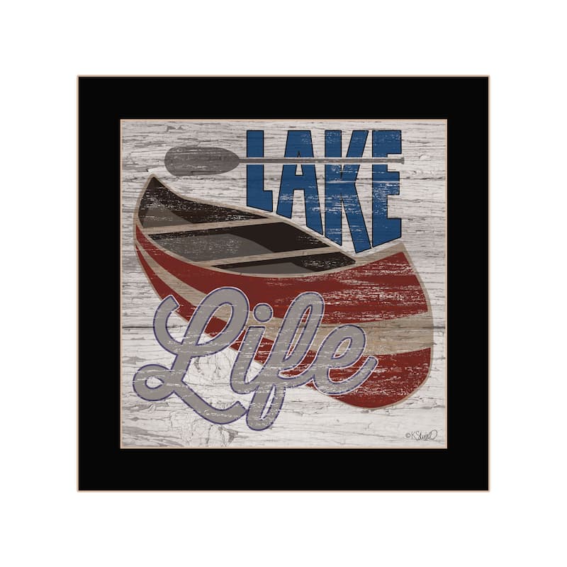 TrendyDecor4U Traditional "Lake Life Canoe" Framed Print Wall Art by Kate Sherrill - Brown, Tan, White - 14 x 14 - Black