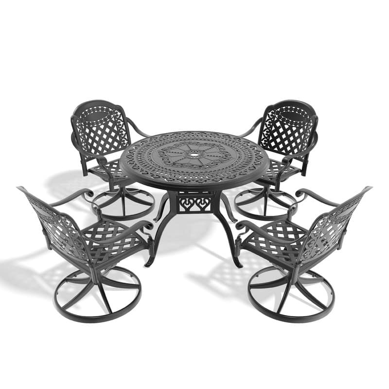 5-Piece Aluminum Round Outdoor Patio Dining Set, 4 Cushioned Swivel Chairs, Table, All-Weather Frames