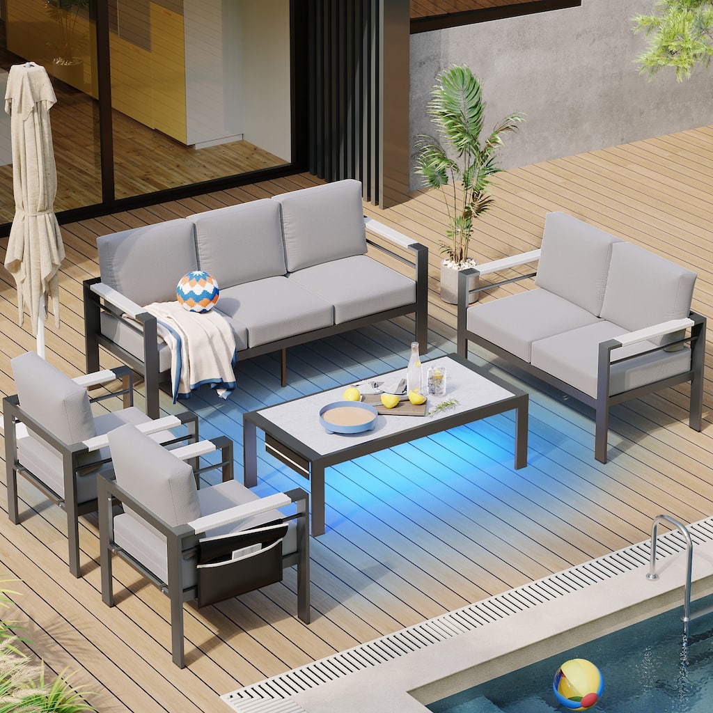 5-Piece 7 Person Aluminum Patio Conversation Set with Cushions LED Coffee Table and Movable Side Pocket