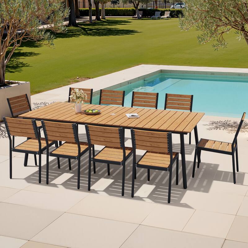 11-Piece Outdoor Patio Dining Set Wood-Like Table Top Alumium Umbrella Hole Table with Stackable Armless Chairs - Brown