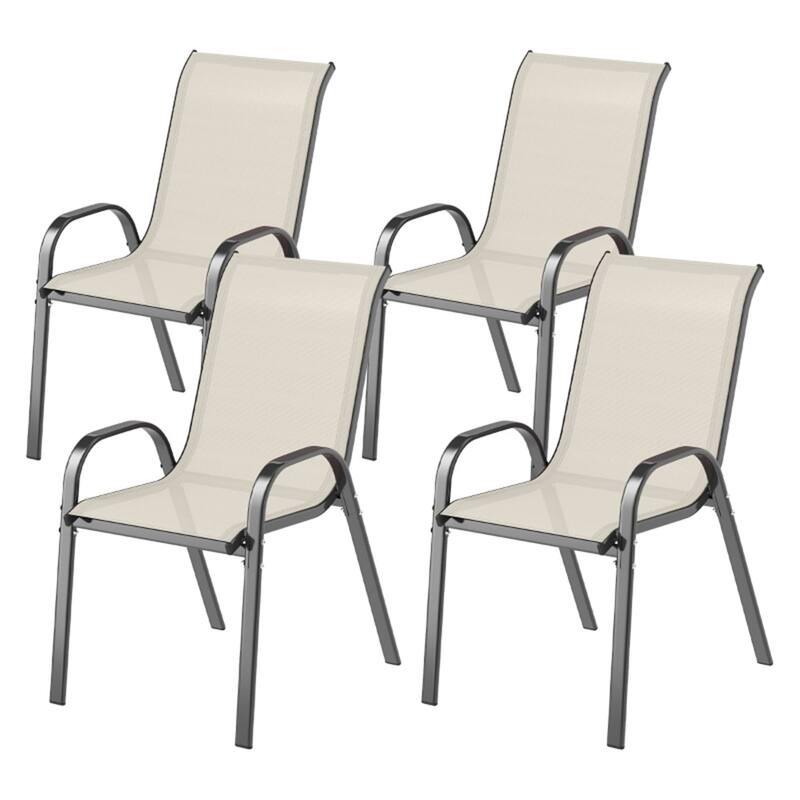 Black Steel Outdoor Dining Chairs Set of 4 with Mesh and Stackable Design - 21.3" W x 28" D x 36.6" H - Black-Beige