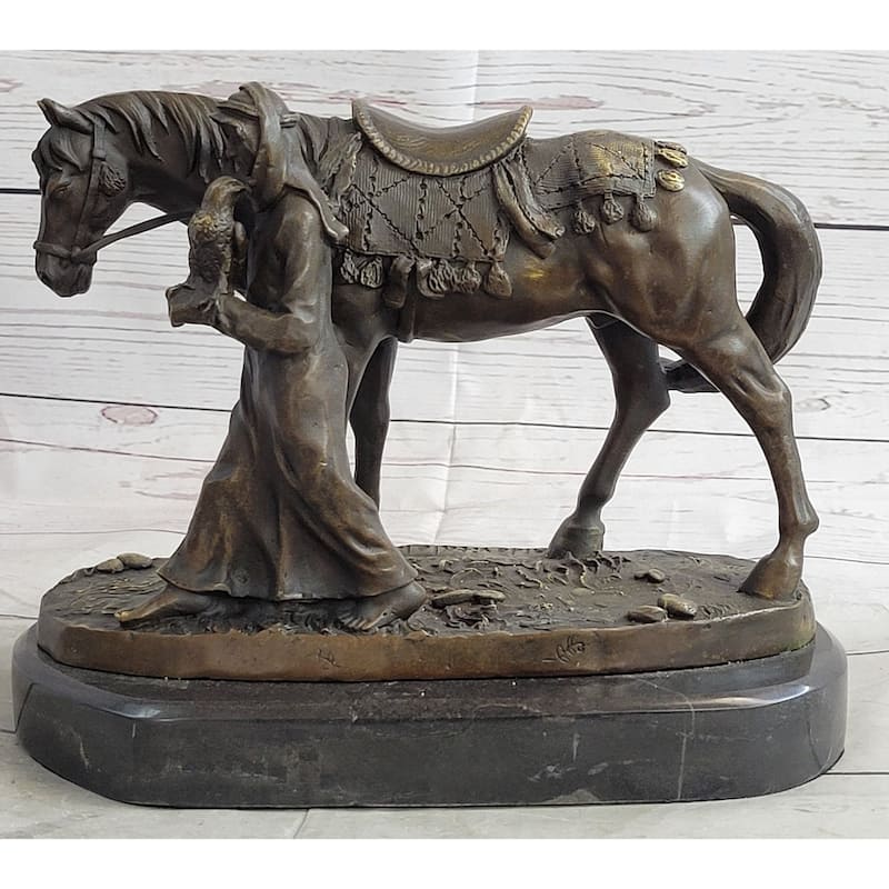 Original Aldo Vitaleh Arab Man Holding Falcon Walking His Horse Bronze Sculpture