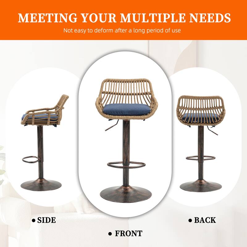 Plastic Rattan Linen Swivel Adjustable Height Bar Stools With Footrest(set of 2)