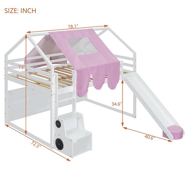 dimension image slide 1 of 4, Full Size Loft Bed with Slide, Tent, and Storage Shelves - House Frame Kids Bed with Ladder and Car-Shaped Organizer