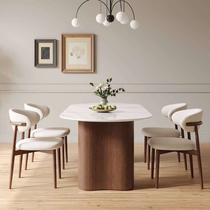 71" Glossy White Sintered Stone Dining Table, Double Round Legs, Oval Kitchen Table for 6 Persons