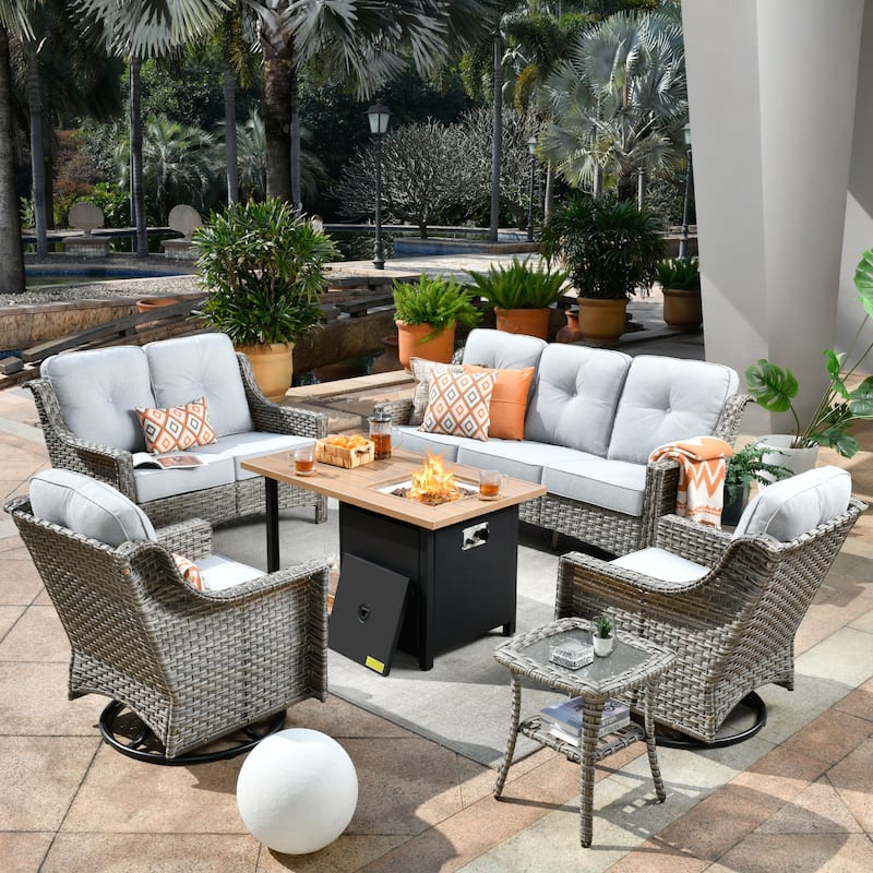 XIZZI 6-piece Outdoor High-back Furniture Swivel Chair Set with Fire Pit - Grey