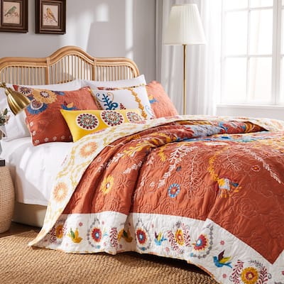 Barefoot Bungalow Topanga Orange Bohemian Floral Quilted Bedspread Set