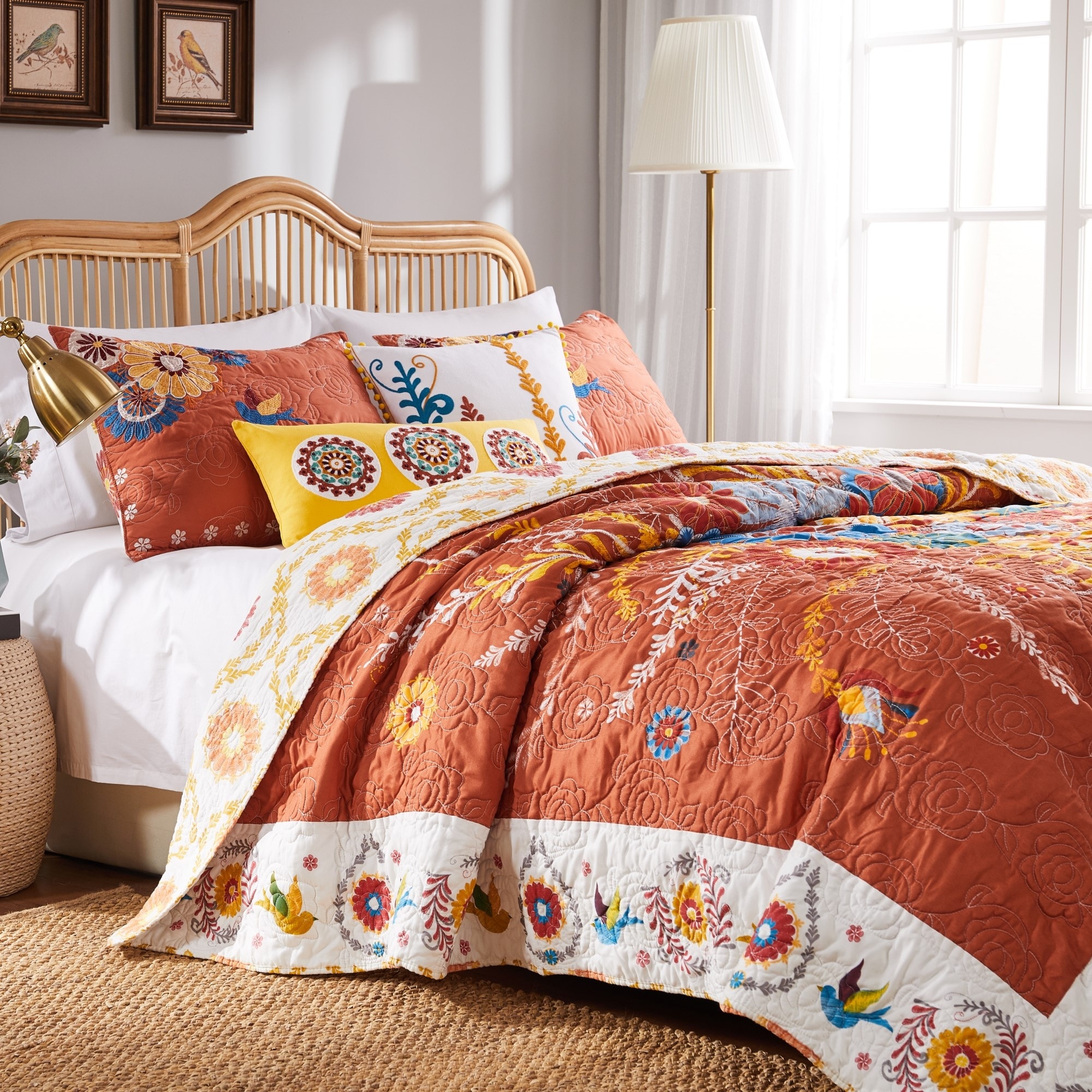 Barefoot Bungalow Topanga Orange Bohemian Floral Quilted Bedding Set