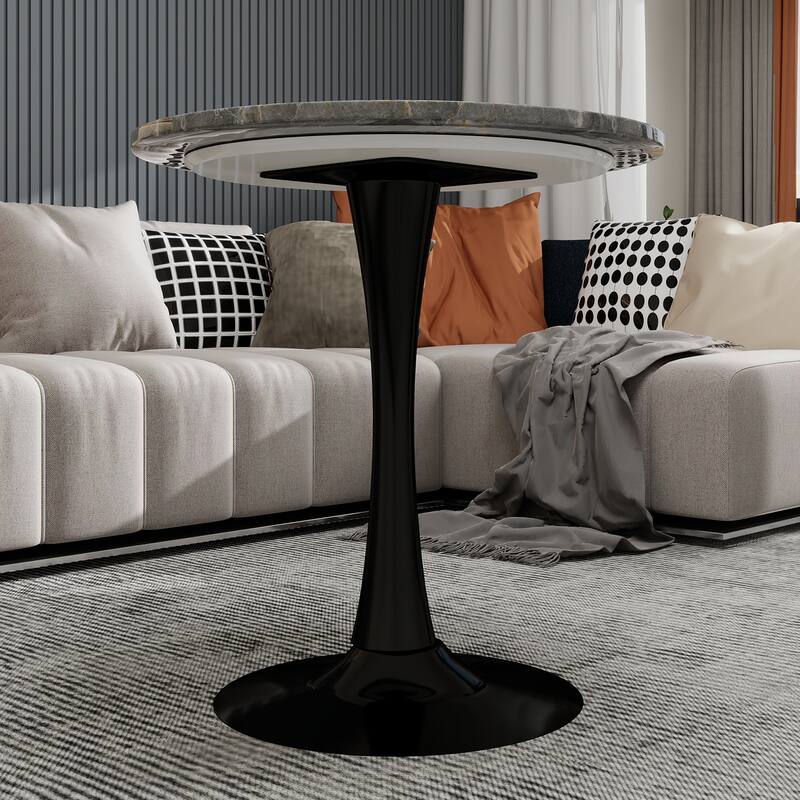 27.6" Mid-Century Modern Style Dining Table, Accommodates 2-4 People, Featuring A Round Dark Gray Textured Marble Tabletop