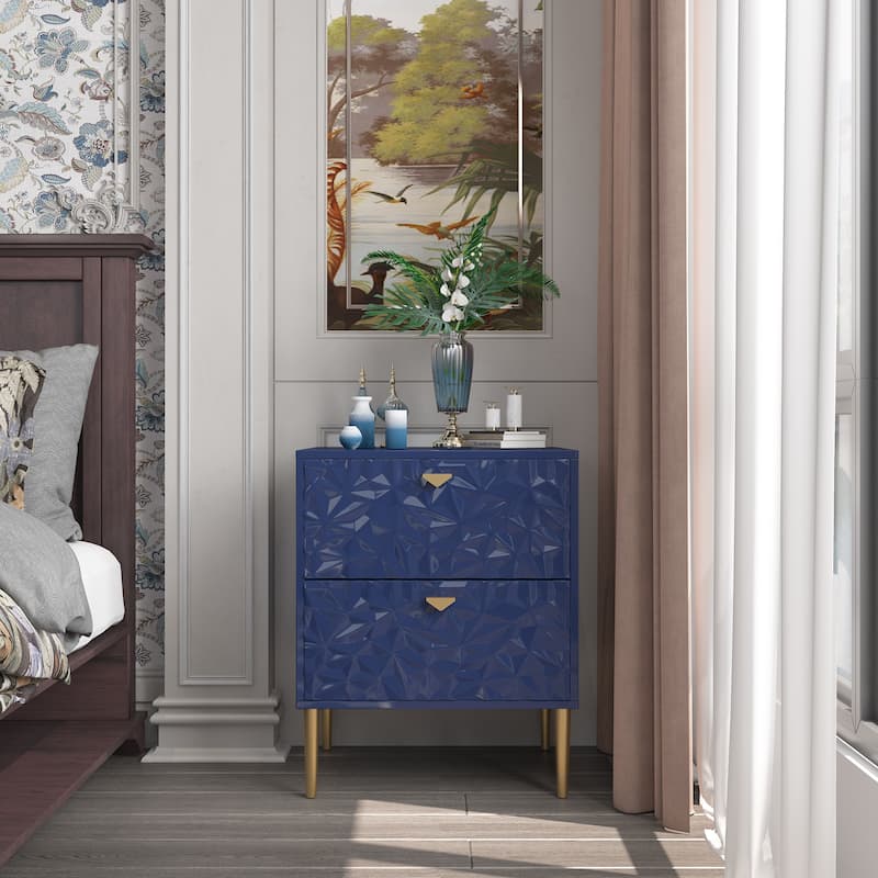 Clihome 2 Drawers High Gloss Storage Accent Nightstand for Bedroom - Blue