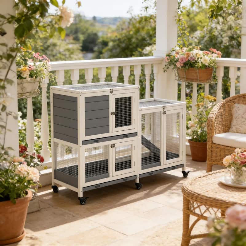 Pet House,Rabbit Hutch,Small Animal Hutch Cage is designed for convenient cleaning - Grey,White - Grey,White