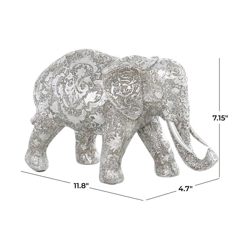 Silver Polystone Engraved Floral Elephant Decorative Sculpture