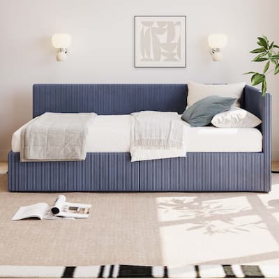Twin Size L Shape Corner Bed, Corduroy Upholstered Daybed with Two Storage Drawers and Vertical Striped Design