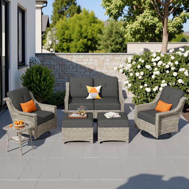 HOOOWOOO 6-piece Wicker Furniture Patio Loveseat Sofa Conversation Set with Swivel Chair