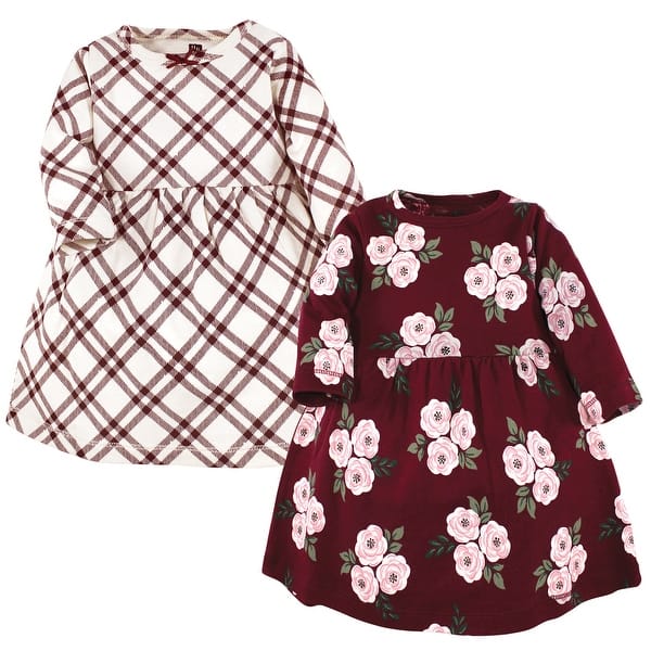 slide 1 of 1, Hudson Baby Girl Cotton Dresses, Red Burgundy Floral 2T - Burgundy Floral