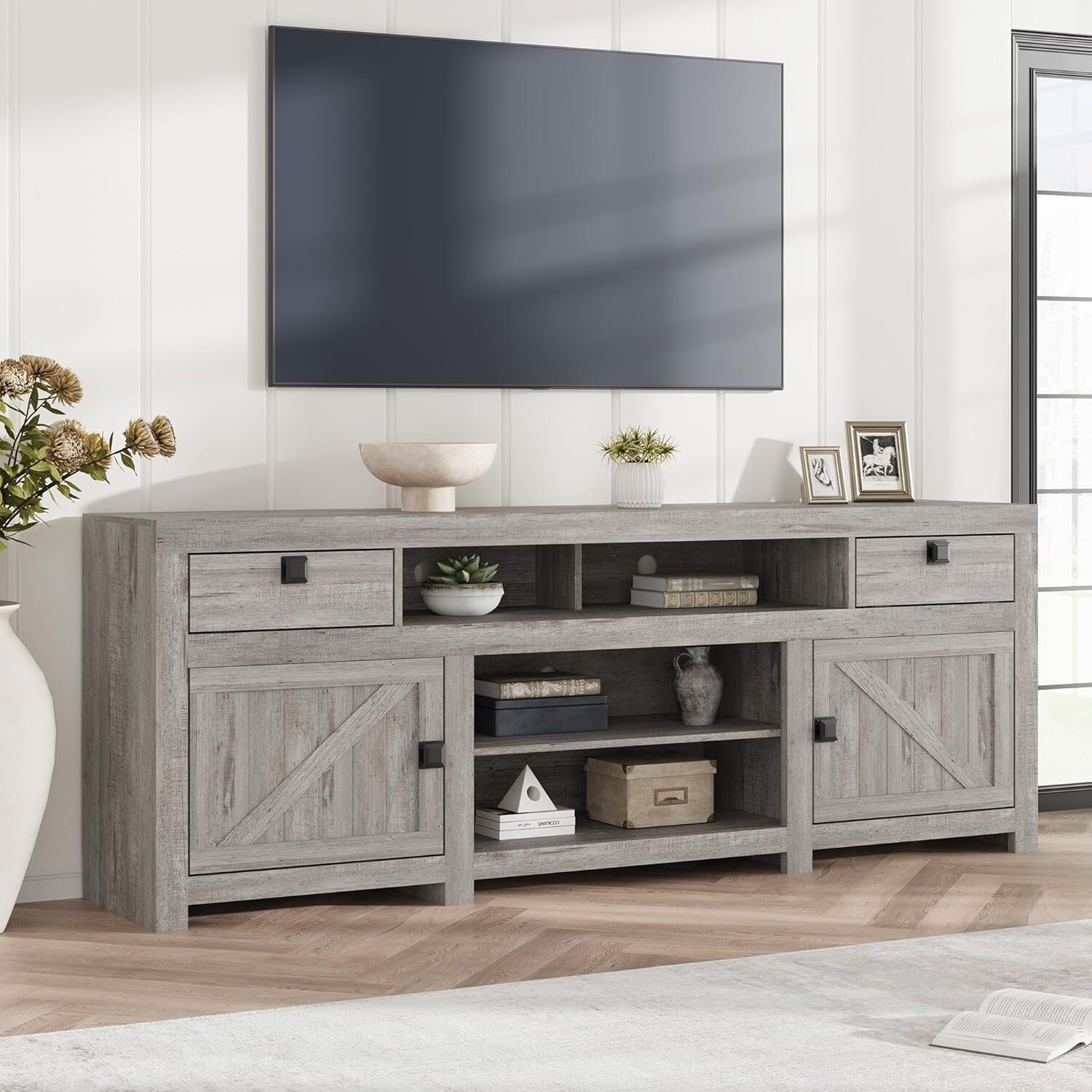 Farmhouse TV Stand for 75/80 Inch TVs, 70" Long Entertainment Center for Living Room
