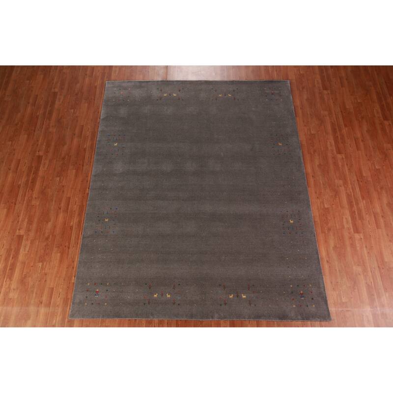 Tribal Gabbeh Area Rug Hand-Knotted Grey Wool Carpet - 8'0" x 9'11"