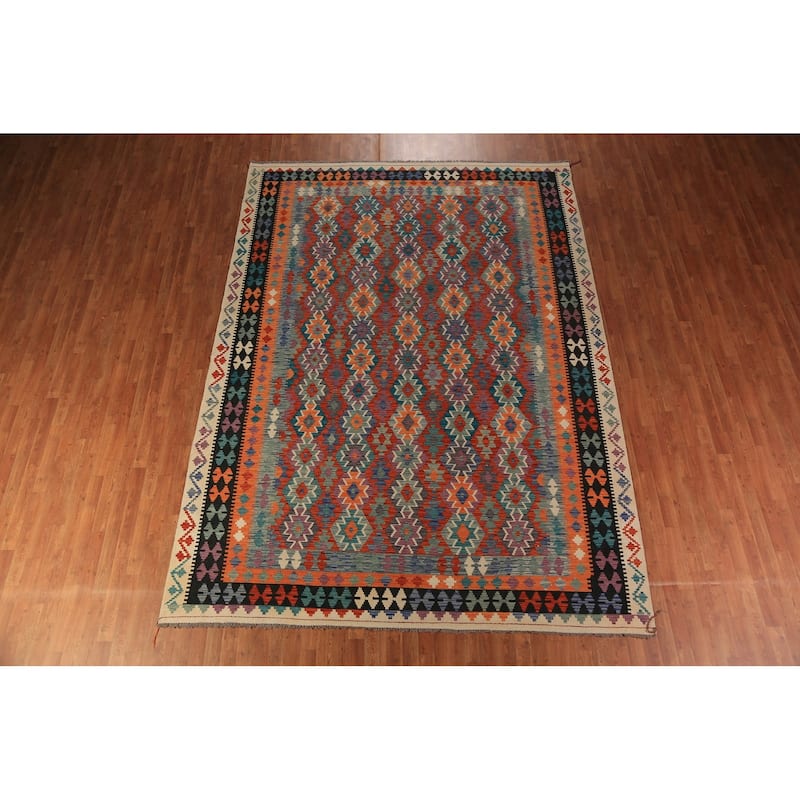 Geometric Kilim Area Rug Flatweave Wool Carpet - 8'8"x 11'10"