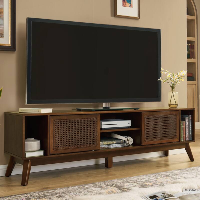 Charming Mid Century Rattan TV Stand with Solid Wood Feet and Versatile Storage