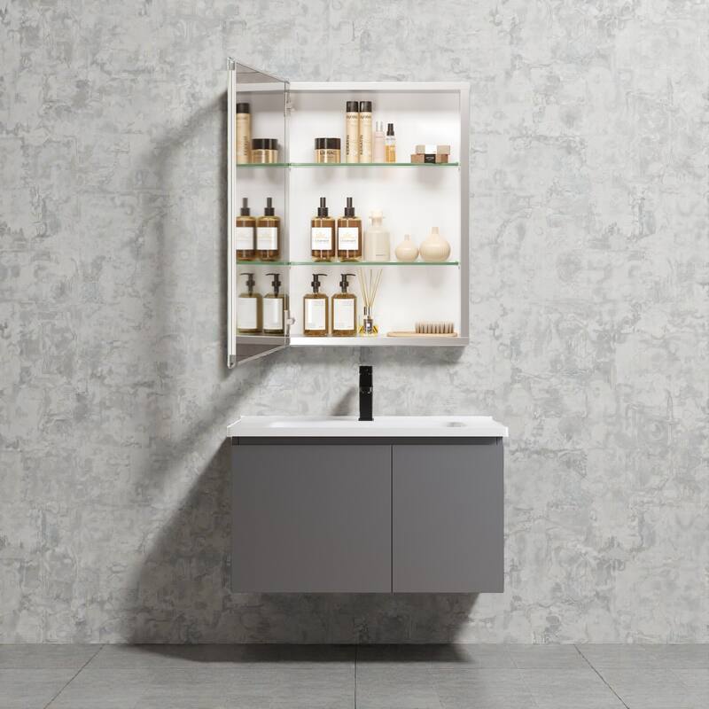 30 x 24 Inch Aluminum Bathroom Medicine Cabinet with Mirror, Single Door, Recessed or Surface Mount